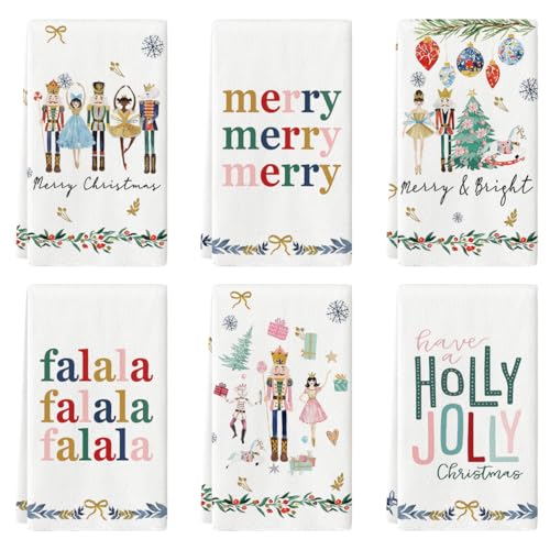 Artoid Mode Nutcracker Xmas Tree Holly Ornament Motto Merry Christmas Kitchen Towels Dish Towels, 18x26 Inch Farmhouse Decoration Hand Towels Set of 6