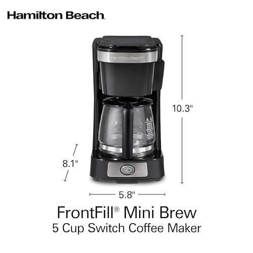 Hamilton Beach 5 Cup Drip Coffee Maker with Easy FrontFill Basket, Compact Design, Programmable Clock, Glass Carafe, Auto Pause and Pour, Black & Stainless Steel (46111)