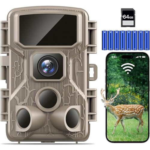 Trail Camera WiFi 4K 64MP with 64GB Memory Card 8 Batteries and Night Vision Ip67 Waterproof 130°Wide Angle 0.1s Trigger Speed, Suitable for Outdoor Wildlife Detection, Monitoring Game Cam