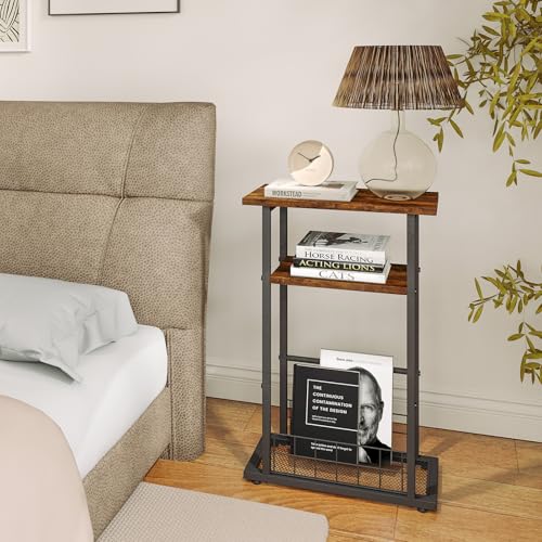 Small Side Table for Small Spaces,3-Tier Narrow End Table with Magazine Holder,Slim Bedside Table Nightstand with Storage for Living Room(Rustic Brown)