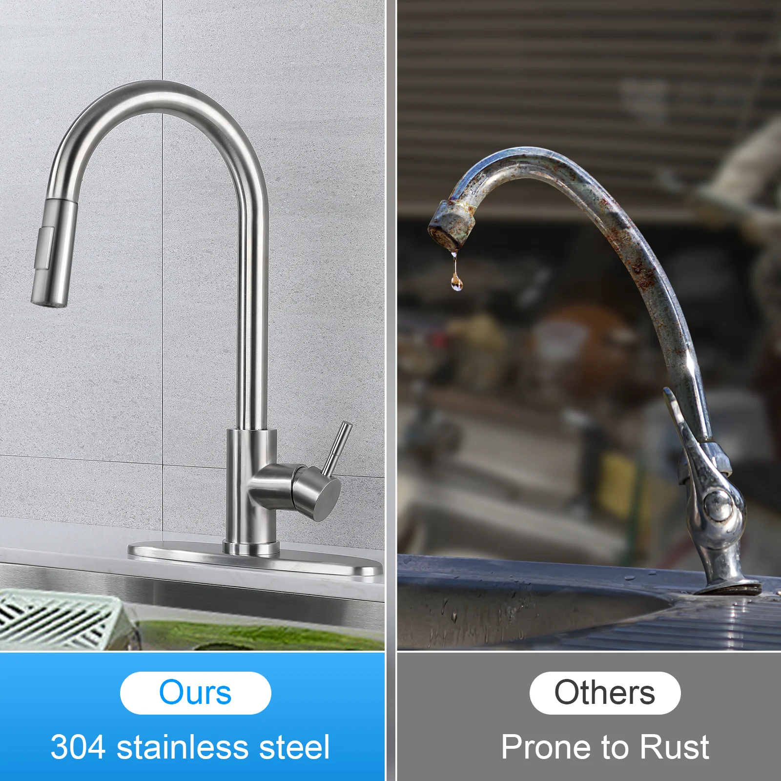 WYRAVIO Kitchen Faucet with Pull Down Sprayer, 304 Stainless Steel Kitchen Sink Faucets with Deck Plate, High Arc Single Handle