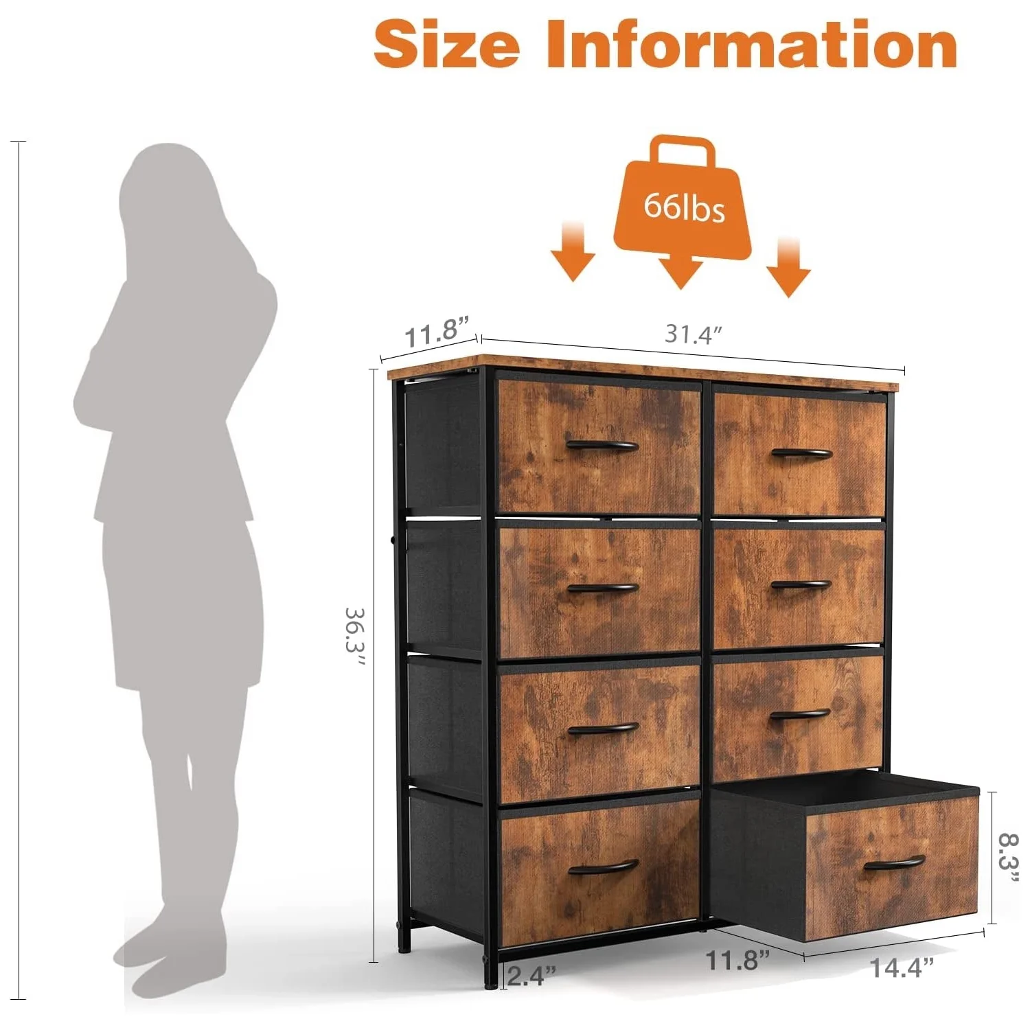 Glavbiku 8 Fabric Drawers Dresser for Bedroom,Wood Top Organizer with Metal Frame,Brown,Adult