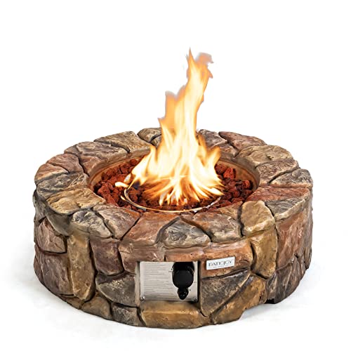 Tangkula 28 Inch Round Propane Gas Fire Pit, Patiojoy 40,000 BTU Stone Look Outdoor Propane Fire Pit with Lava Rocks & PVC Cover, Faux Stone Gas Fire Pit Table for Patio, Courtyard, Garden (Brown)