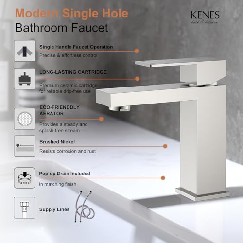 KENES Brushed Nickel Vessel Sink Facuet Single Handle Tall Bathroom Sink Faucet Vanity Bathroom Faucet Basin Mixer Tap with Water Supply Hose and Pop Up Sink Drain, LJ-9031A