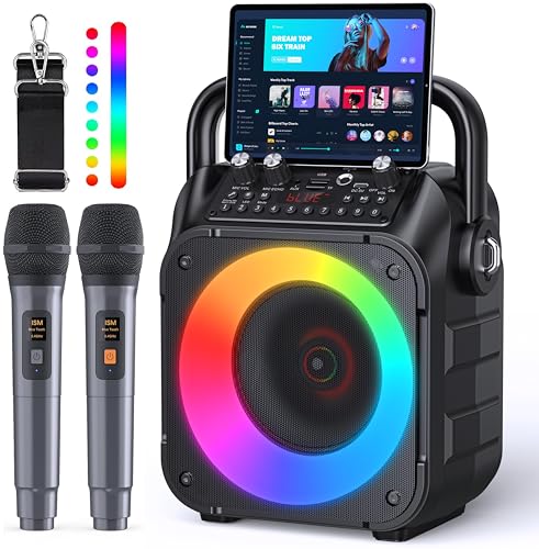 Karaoke Machine, Portable Bluetooth Speaker with 2 Wireless Microphones for Adults & Kids with Lights, Karaoke Microphone with PA System Supports USB/TF/FM/AUX for Home Party Home System Packages