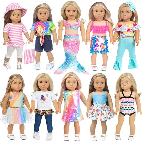 iBayda 18 Inch Doll Fashion Clothes - 10 Sets Include Outfits, Mermaid Dress, Bikini, Hats & Handbags Accessories (Doll Not Included)