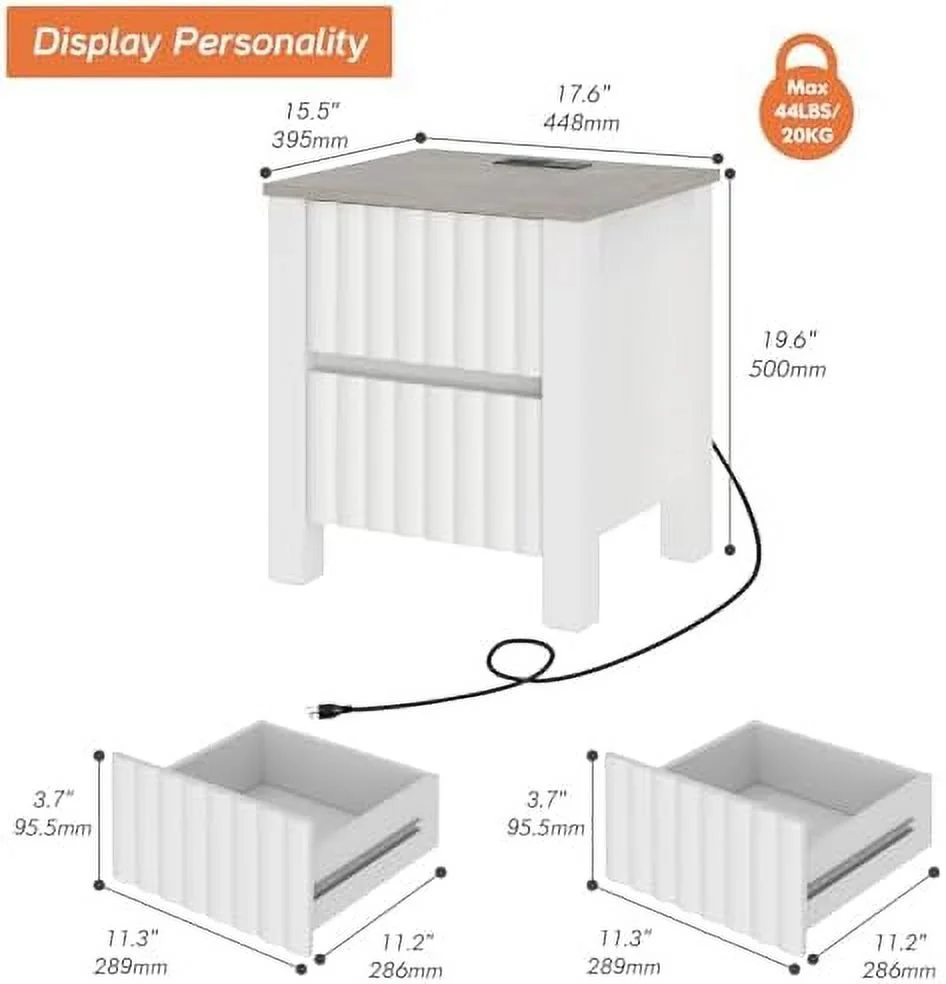 YZboomLife 2 Pack Modern End Sofa Table with Charging Station  White Wood End Table with Outlet&USB Ports  Farmhouse  with 2  Drawers for Living Room  Bedroomoom