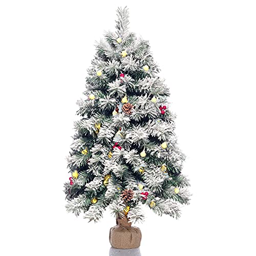 Pre-Lit Artificial Mini Christmas Tree,20 Inch Snow Flocked Small Pine Xmas Tree with 40 LED Lights,70 Branch Tips,Battery Operated Tabletop Christmas Tree Burlap Base-(50cm)