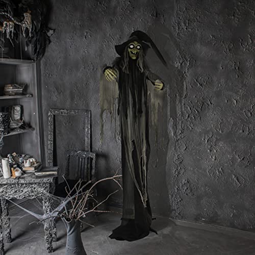Haunted Hill Farm Life-Size Scary Talking 3 Witches with Cauldron Halloween Animatronic, Indoor or Covered Outdoor Poseable Halloween Decorations with Light up Eyes and Sound, Battery Operated
