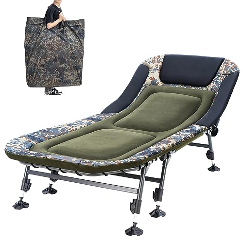 XXL Camping Cots for Adults 330Lbs with Carry Bag, Heavy Duty Folding Bed with Soft Padded Cushion, Portable Military Cot for Hunting, 180° Adjustable Reclining Outdoor Lounger