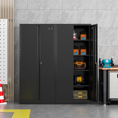 Metal Storage Cabinet with 2 Doors and 4 Adjustable Shelves,71”Lockable Cabinet,Tool Cabinet for Garage Storage, Utility Room,Home,Office,School (Black, 71 inch)