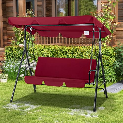 Esright Patio Swings Outdoor, 3-Seat Glider Patio Swings with Removable Cushion and Adjustable Canopy, Porch Bench for Garden, Poolside&Backyard, Beige