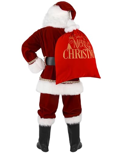 Christmas Men’s Santa Costume Set Adult 11 Pcs Deluxe Santa Claus Costume Suit Velvet for Xmas Holiday Party Cosplay