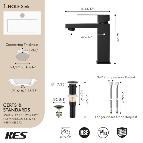 KES Vessel Sink Faucet, Black Bathroom Faucets, Tall Bathroom Faucets with Sink Drain with Overflow, L3156BLFF12-BK-C1