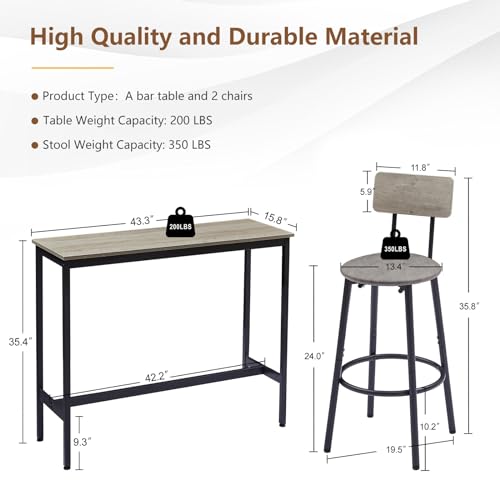 Tatub Bar Table with Stools Set of 2, Industrial 3 Piece Counter Height Small Dining Sofa Table and Chairs Set of 2, Brown