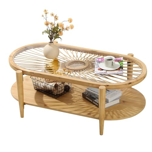 RUSTOWN Rattan Coffee Tables,2-Tier Round Boho Cocktail Tables, Mid Century Modern Coffee Table with Rattan & Tempered Glass Top and Wood Legs, Sofa Table for Living Room(Natural)
