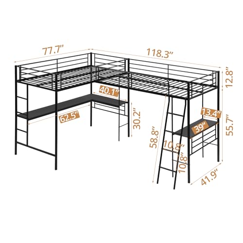 Twin Size L-Shaped Loft Bed with 2 Built-in Desks, Metal Loft Corner Bed with 2 Ladders and Safety Guard Rail, Heavy-Duty Bunk Bed for 2 Children Adults, Space Saving & No Noise, Black