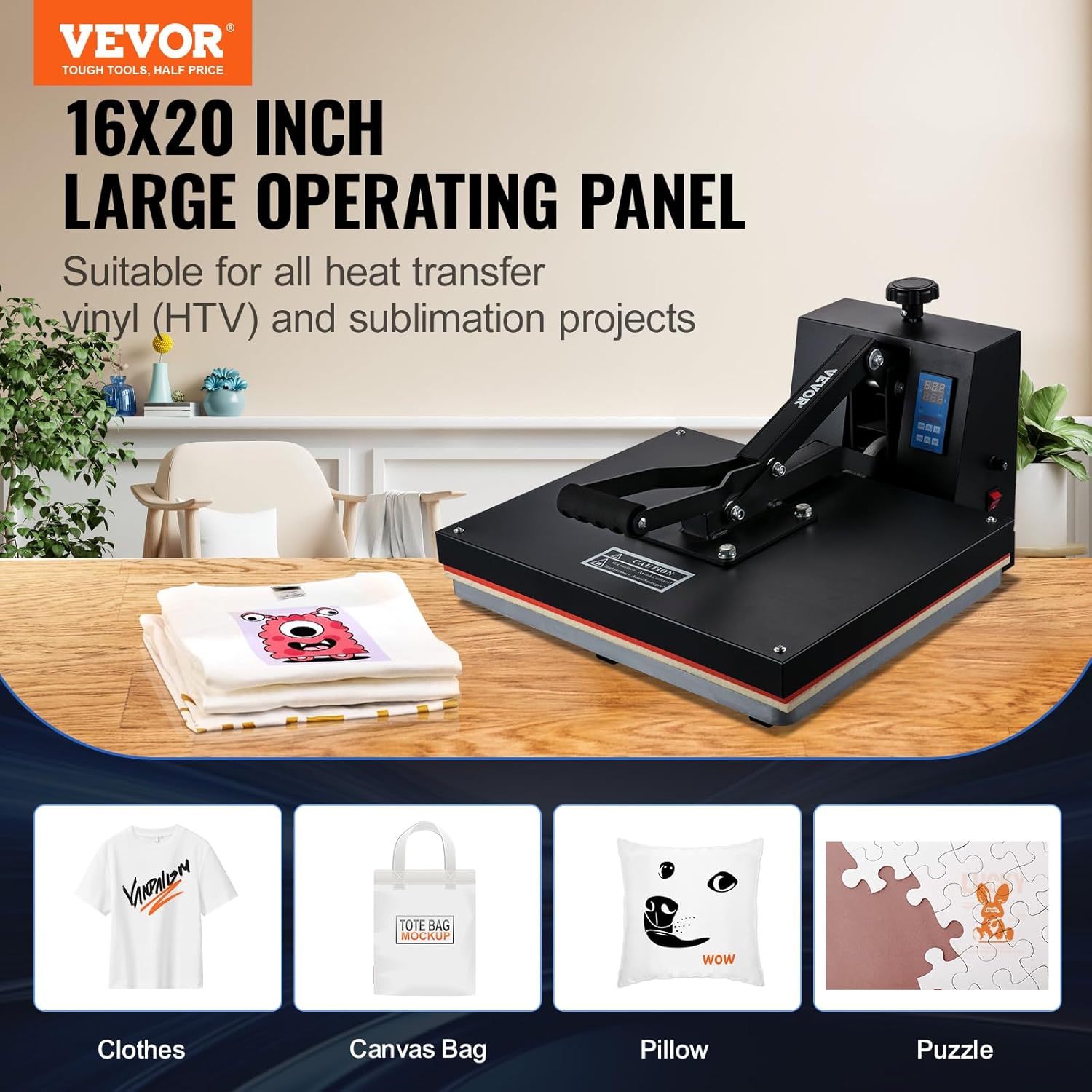 VEVOR Heat Press Machine, 16 x 20 in / 40 x 51 cm, Clamshell Sublimation Transfer Printer Teflon Coated, Digital Precise Heat Control, Silica-Gel Sponge Powerpress for T-Shirt Bag Pad Pillow