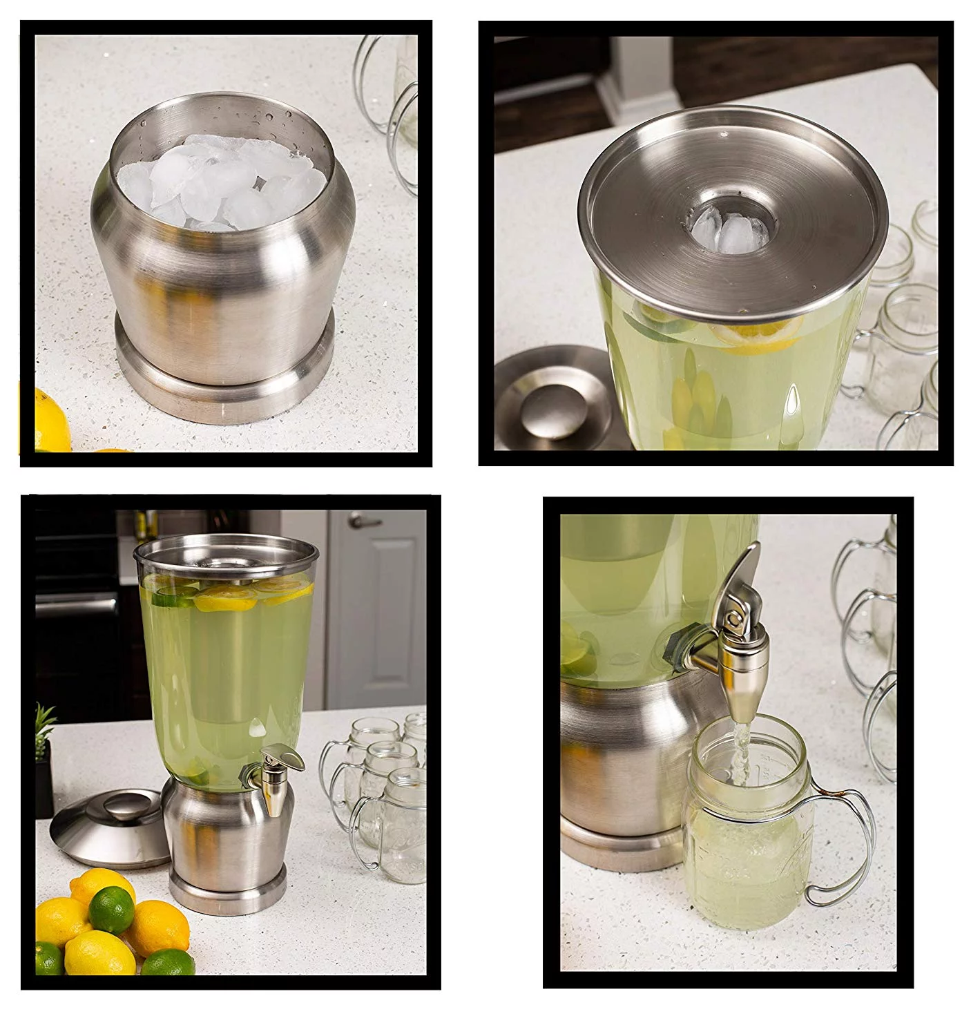 BirdRock Home 1.5 Gallon Stainless Steel Beverage Dispenser with Ice Container, Stand & Spigot | Round | BPA Free Clear Acrylic