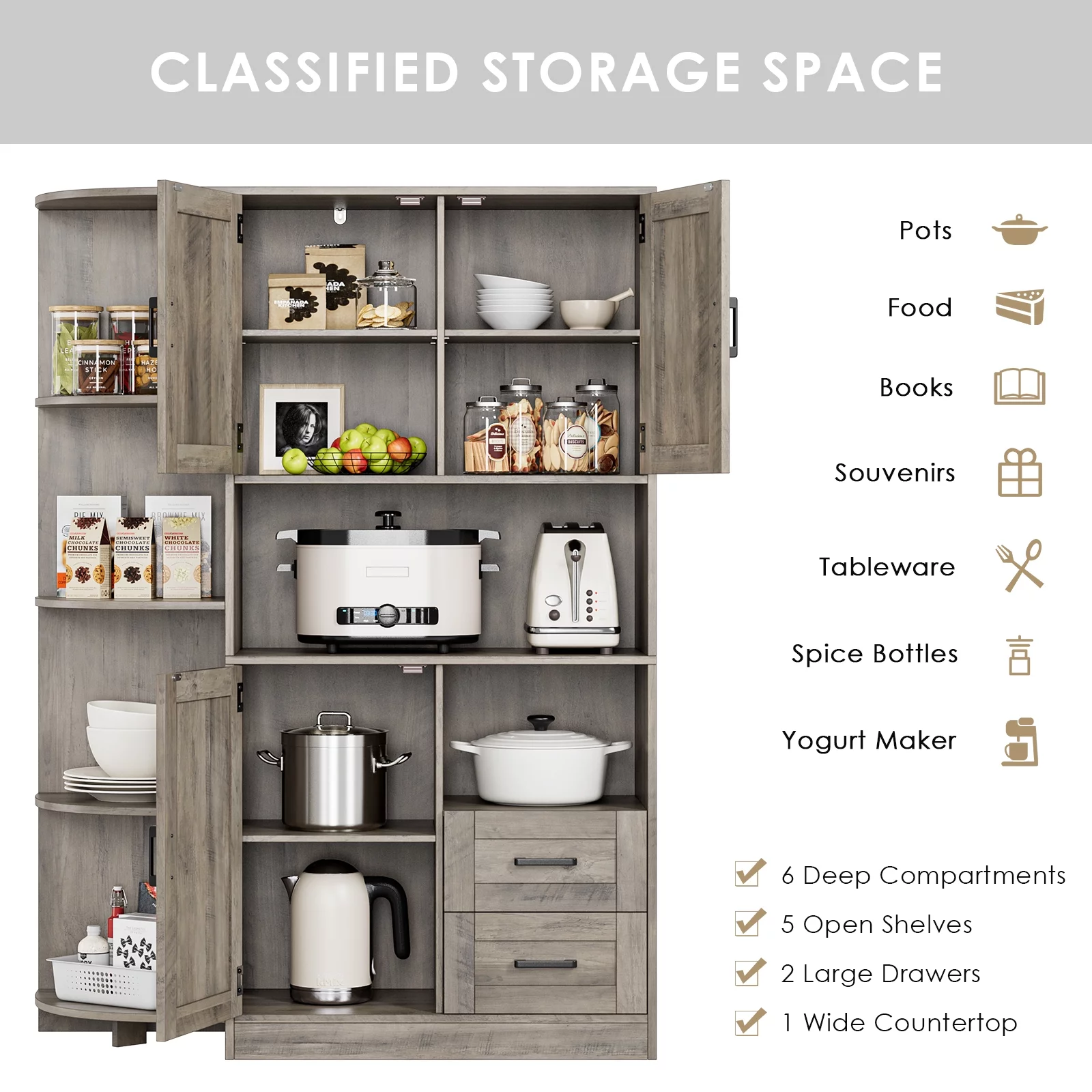 Homfa Large Kitchen Pantry with Adjustable Shelves, Farmhouse Tall Storage Cabinet for Dining Room, Wash Gray