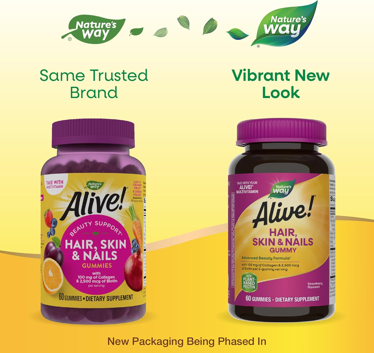 Nature's Way Alive! Hair, Skin & Nails Gummies, Advanced Beauty Formula*, with Biotin and Collagen, Strawberry Flavored, 60 Gummies (Packaging May Vary)