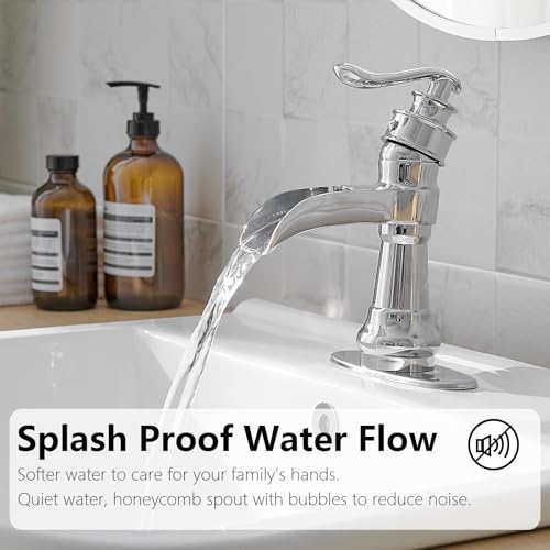 Vessel Sink Faucet, Oil Rubbed Bronze Black Bathroom Faucet, Farmhouse Waterfall Sink Faucet Single Hole with Pop Up Drain Assembly Without Overflow One Hole Mixer Tap Deck Mount