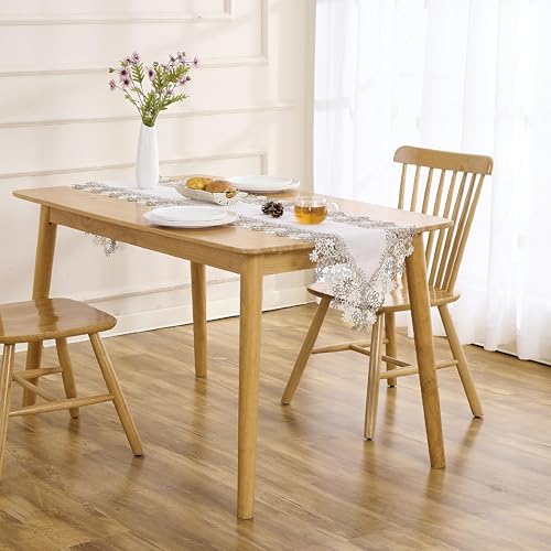 White Beige Floral Lace Table Runner Dresser Scarf 120 inches Long for Kitchen Dining Coffee Table Parties Wedding Home Decor (White, 16” x 120”)