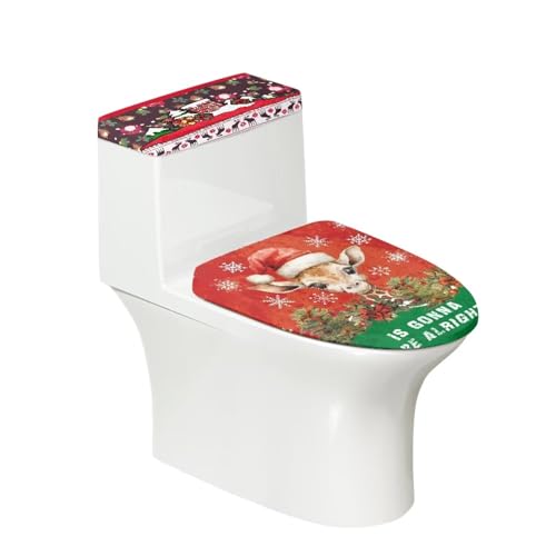 Christmas Toilet Lid Cover and Toilet Tank Lid Cover Set Santa Claus Bathroom Toilet Seat Covers Machine Washable Polyester Fabric Toilet Protector-Brown