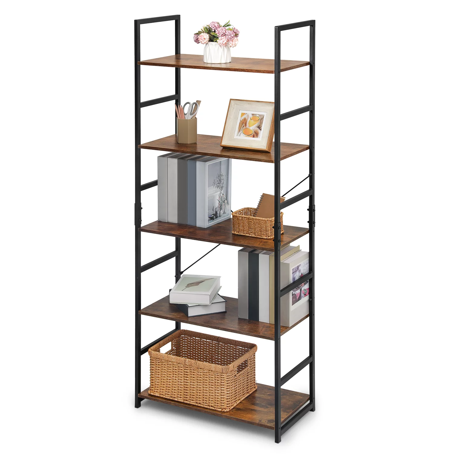 MoNiBloom 5 Shelves Rustic Bookcase, Industrial Shelf Unit, with Metal Frame Modern Office Home Display Shelves, Brown