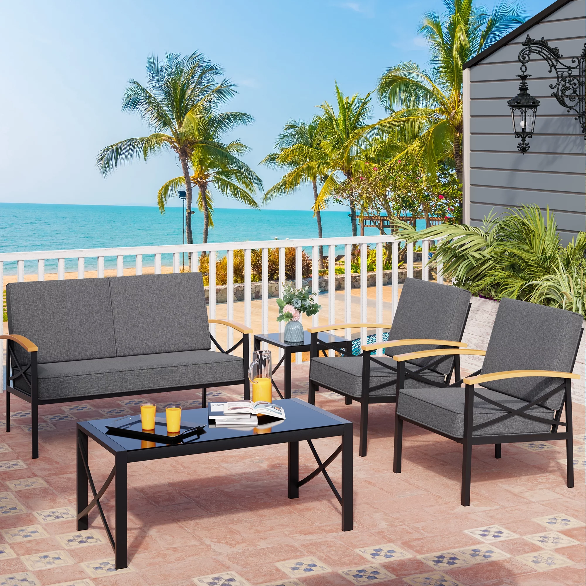 Walsunny 5 Piece Furniture Patio Conversation Sectional Set Outdoor Metal Solid Wood Armrest & Thick Cushion