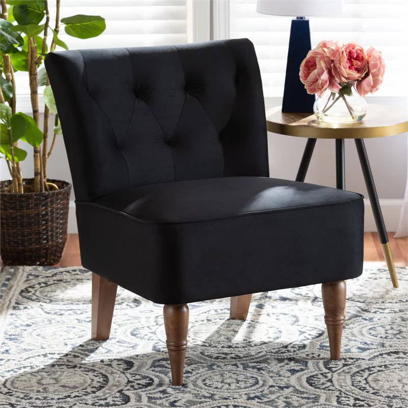 Bowery Hill Black Velvet and Walnut Brown Finished Wood Accent Chair