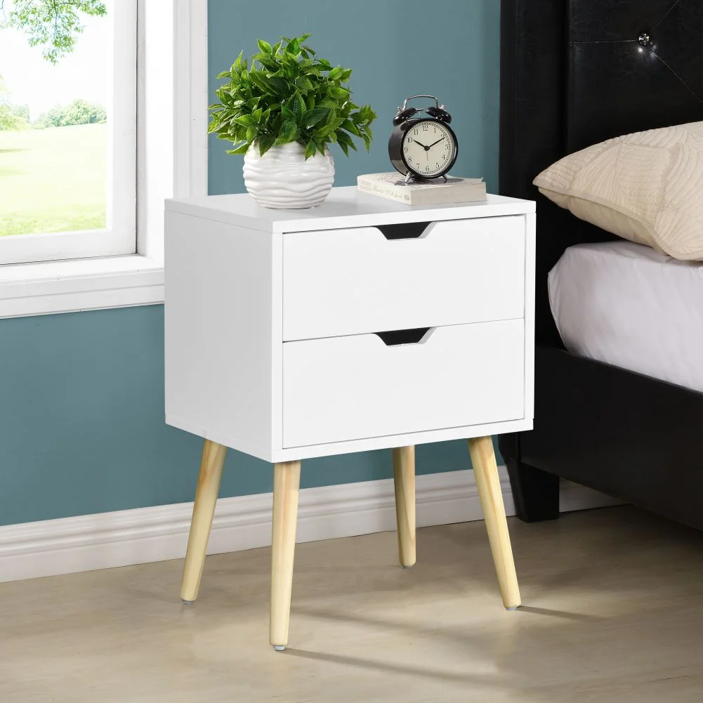 Side Table with 2 Drawers and Rubber Wood Legs – Stylish Storage Cabinet for Bedroom and Living Room Furniture-White