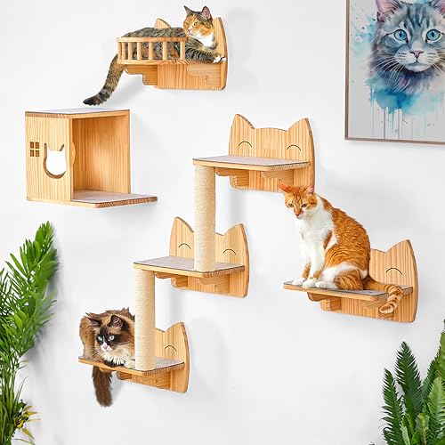 IDAE Cat Wall Shelves – 9-Piece Wooden Wall-Mounted Cat Furniture Set with Condo, Scratcher & Steps – for Large Indoor Cats – Natural Wood