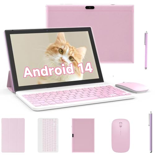 Tablet 2 in 1 Tablets 10 inch Android 14 Tablet Set with Keyboard Case Mouse Stylus Film, 8GB+64GB Tablets 10.1