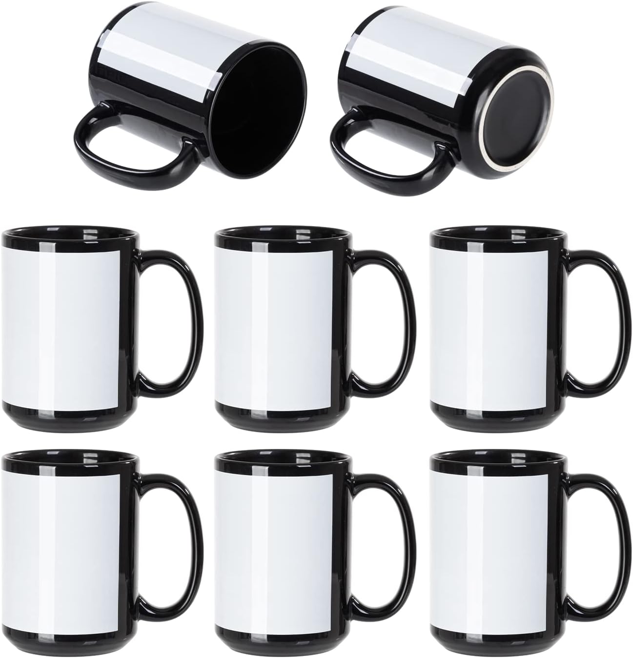 PYD Life 8 Pack Sublimation Coffee Mugs Blanks Black with White Patch 15 OZ Ceramic Photo Mugs Cups Bulk for Cricut Mug Press Print