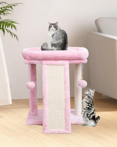 SYANDLVY Small Cat Tree with Scratching Post, Cat Scratching Board for Adults, Cat Post Scratcher for Indoor Cats, 2 Dangling Balls Great for Kittens (Light Grey)