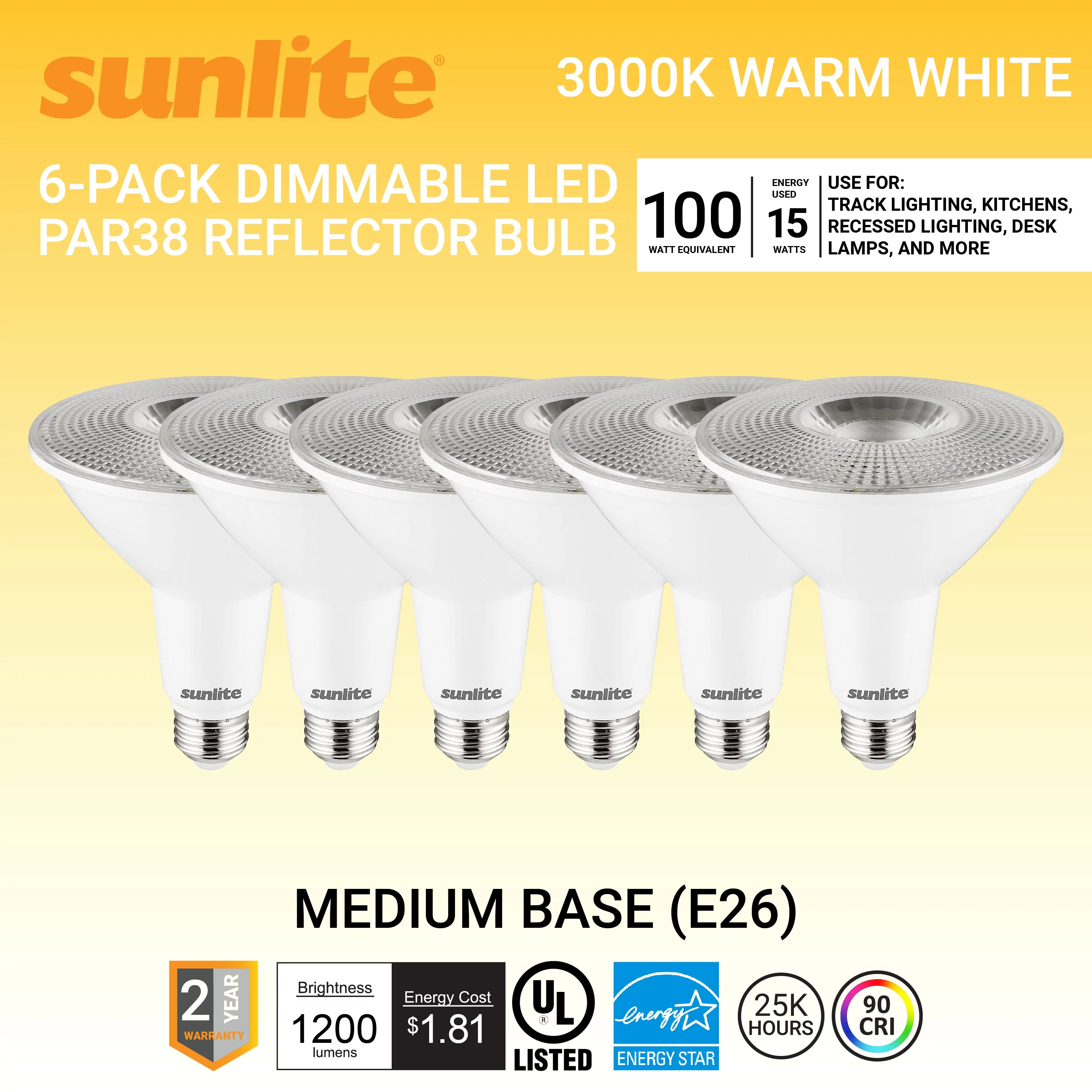 Sunlite LED PAR38 Long Neck Spotlight Bulb, 15 Watts (100W Halogen EQ), Medium E26 Base, Dimmable,UL Listed, 3000K Warm White, 6-Pack