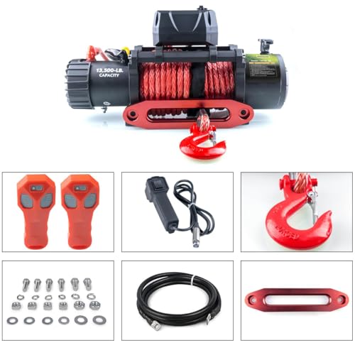 RUGCEL 13500lb Waterproof Electric Red Synthetic Rope Winch with Hawse Fairlead, Wired Handle and 2 Infrared Remote(13500LB RED)