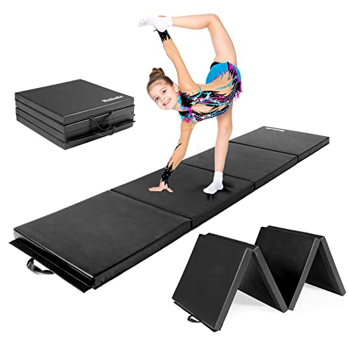 8' Folding Gymnastics Gym Exercise Aerobics Mat, 8ft x 2ft x 2in PU Leather Tumbling Mats with Hook & Loop Fastener for Stretching Yoga Cheerleading Martial Arts