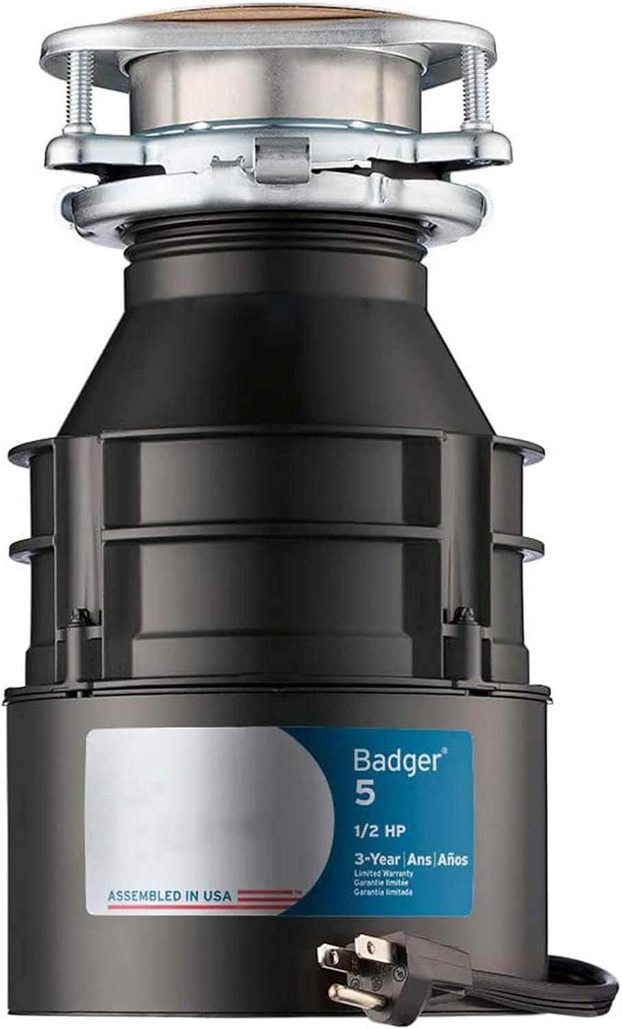 Garbage Disposal with Cord, Badger 5, 1/2 HP Continuous Feed, Black