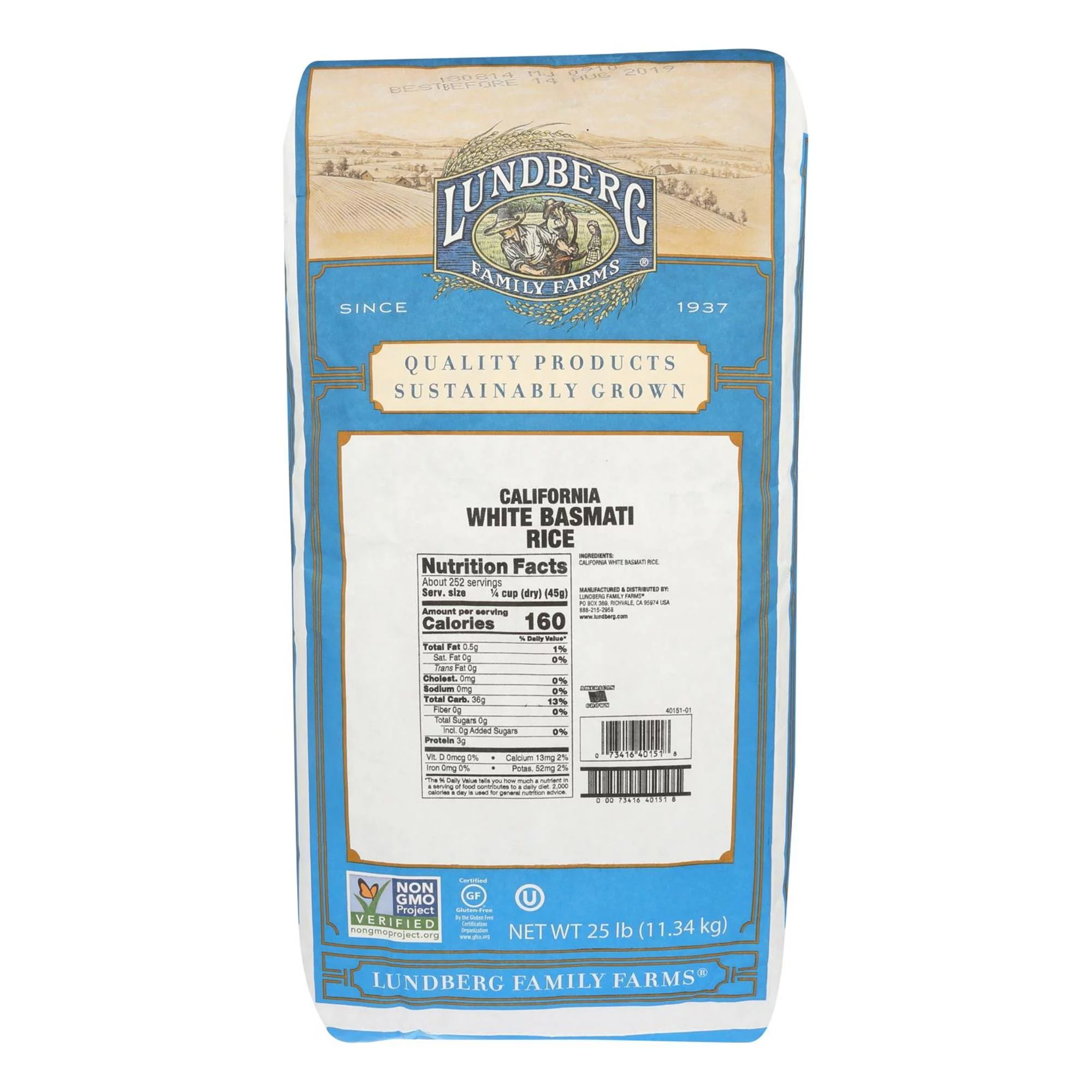 Lundberg Family Farms Eco-Farmed California White Basmati Rice, 25 Lb
