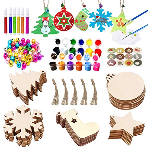50Pcs Unfinished Wooden Christmas Ornaments 5 Styles Tree Ornaments Decorations - DIY Arts and Crafts Christmas Crafts for Kids with 50 Colorful Bells 6 Color Pens 2 Color Paint Set