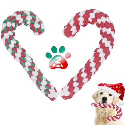 Christmas Dog Rope Toys, Christmas Candy Cane Rope Toys, Dog Interactive Chewing Toy for Puppy Small Medium Dogs Training Playing Teething Cleaning, 2 Pack Red
