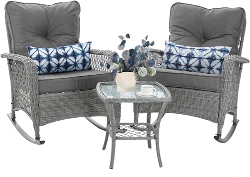 Patio Furniture Set 3 Pieces, Wicker Rocking Bistro Set with Thick Cushions, Outdoor Rocker Chairs and Coffee Table for Porch, Backyard or Garden (Blue)