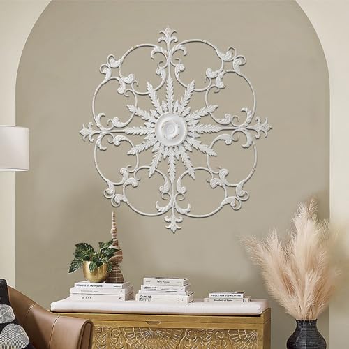 Sintosin Vintage Large Wrought Iron Wall Decor 36 Inches, Hanging Distressed White Round Metal Wall Art, Rustic Medallion for Fireplace, Antique Circular Fleur De Lis Wall Decor Living Room Bedroom