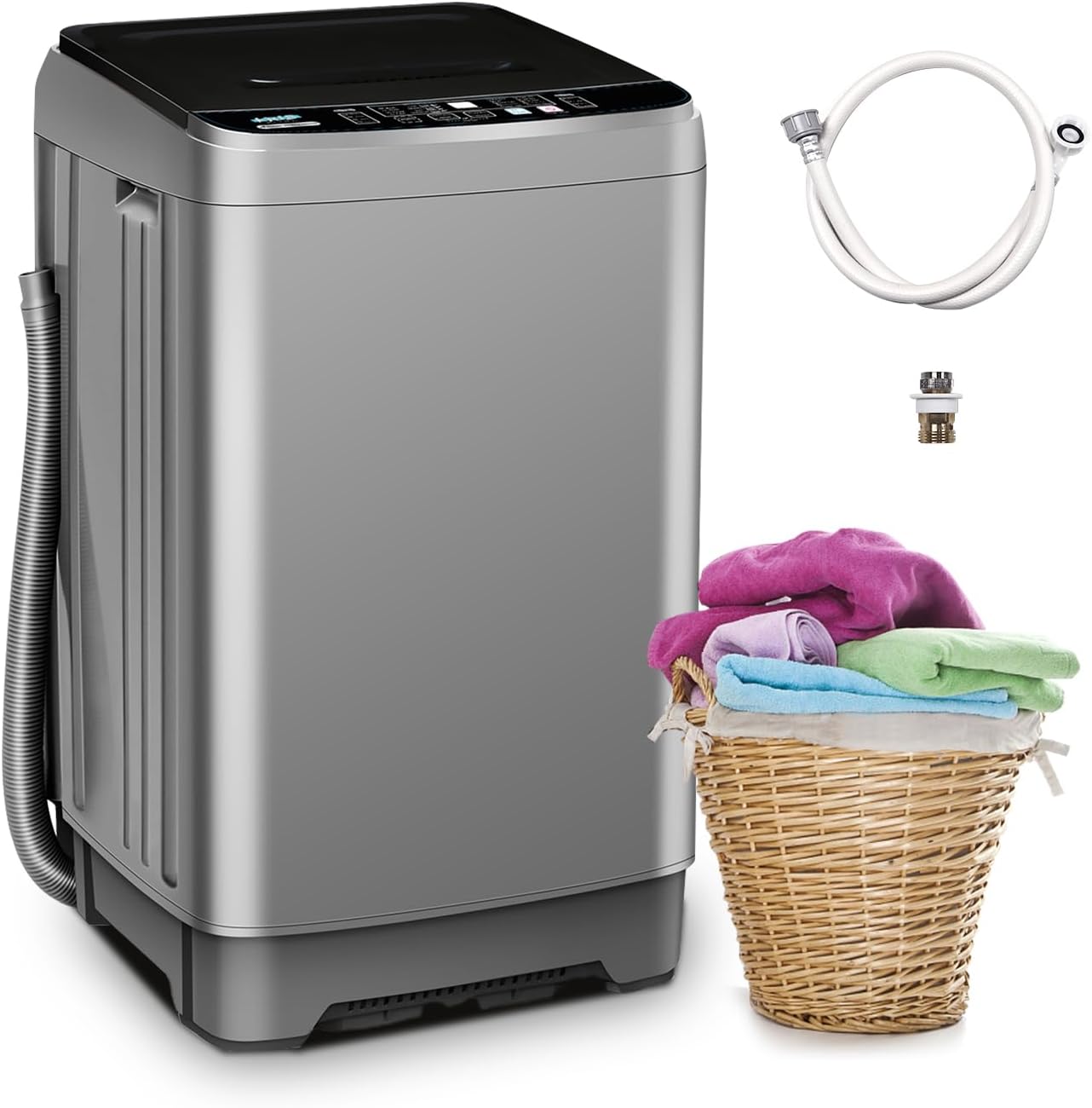 Full-Automatic Washing Machine 19.5lbs Portable Washer with 10 Programs & 8 Water Levels, Compact Washing Machine with Led Display & Drain Pump, Portable Washer and Spin for Dorm Apartment Home (Grey)