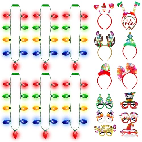 9PCS Christmas Party Favors, Light Up Christmas Necklace Headband Glasses Set, Xmas Bulb Necklace Antler Tree Lights Holiday Headbands LED Flashing Glow Santa Eyeglasses Bulk for Christmas Gift