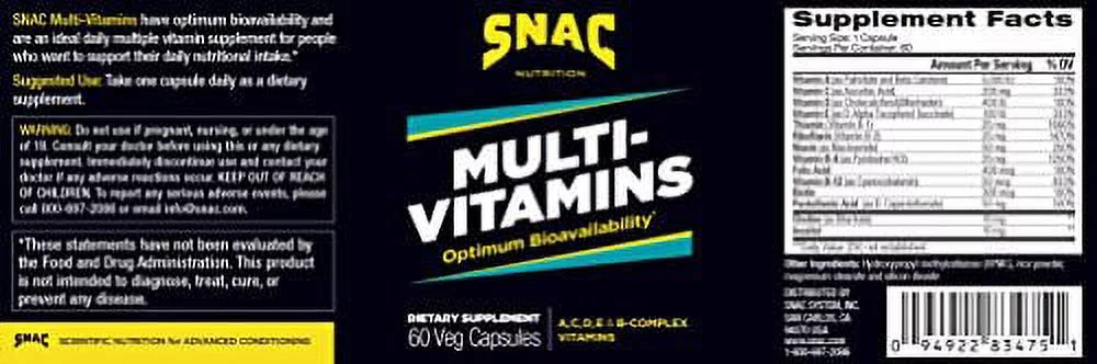 SNAC Multi-Vitamins Daily Supplement with Optimum Bio-Availability, 60 Capsules