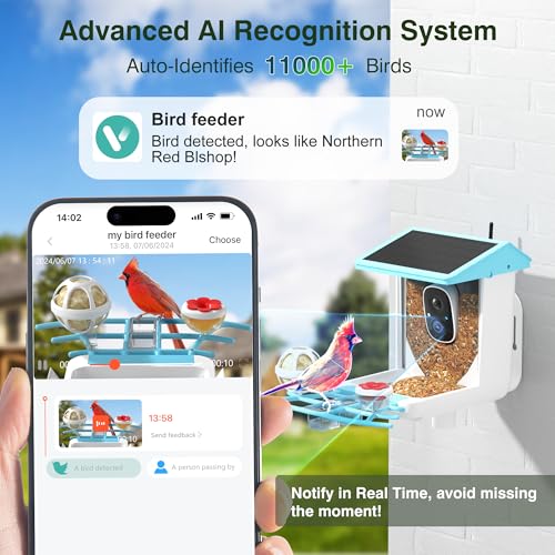 Bird Feeder with Camera, 1296P HD AI Identify Smart Bird Feeder Solar Powered, Auto Capture Bird Videos & Motion Detection, Bird Feeder Camera Wireless Outdoor Gift for Bird Lovers (Blue)