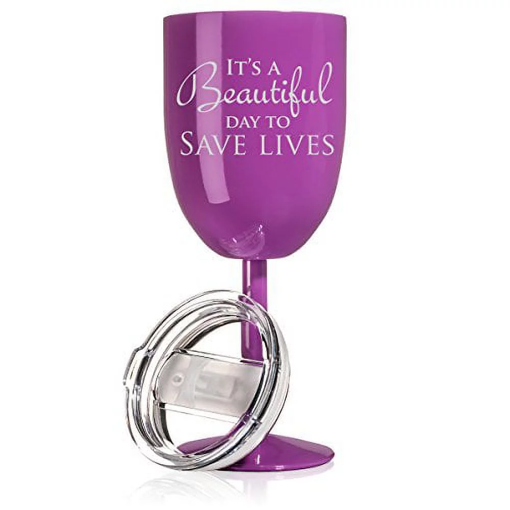 14 oz Double Wall Vacuum Insulated Stainless Steel Wine Tumbler Glass with Lid It's A Beautiful Day To Save Lives (Purple)
